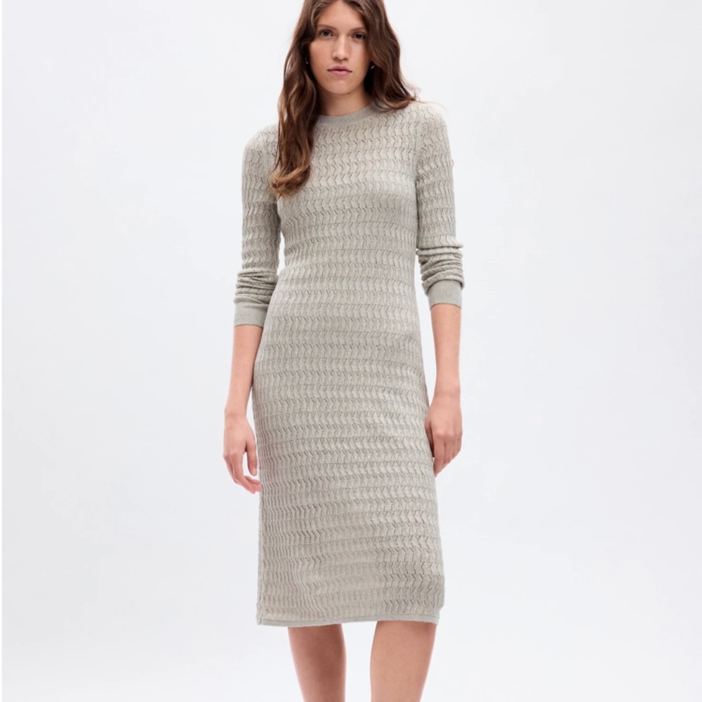 New Gap textured midi Heather gray silver crochet long sleeve sweater dress Fall